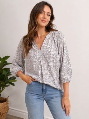 Joie Cream Blouse with Navy Micro-Print